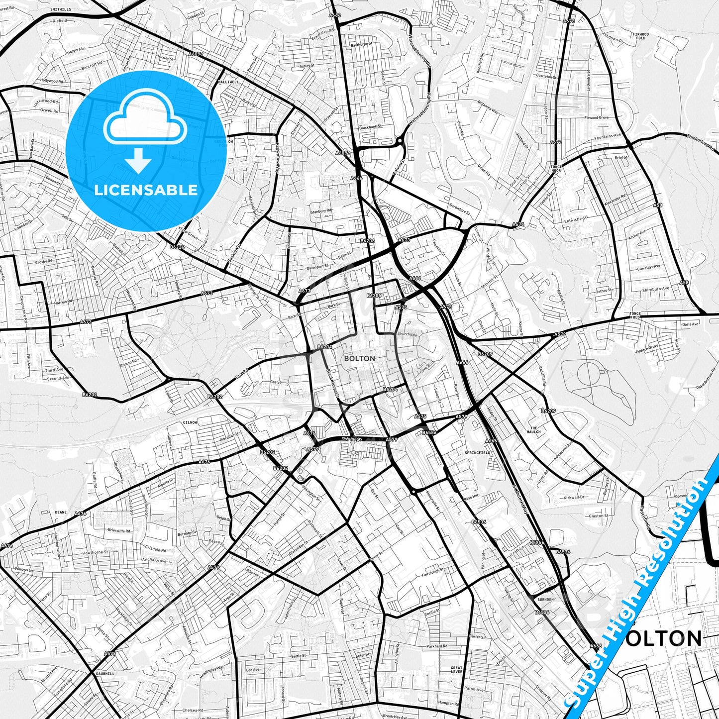 Bolton, England Light Map with Street Names, City Names, and Districts