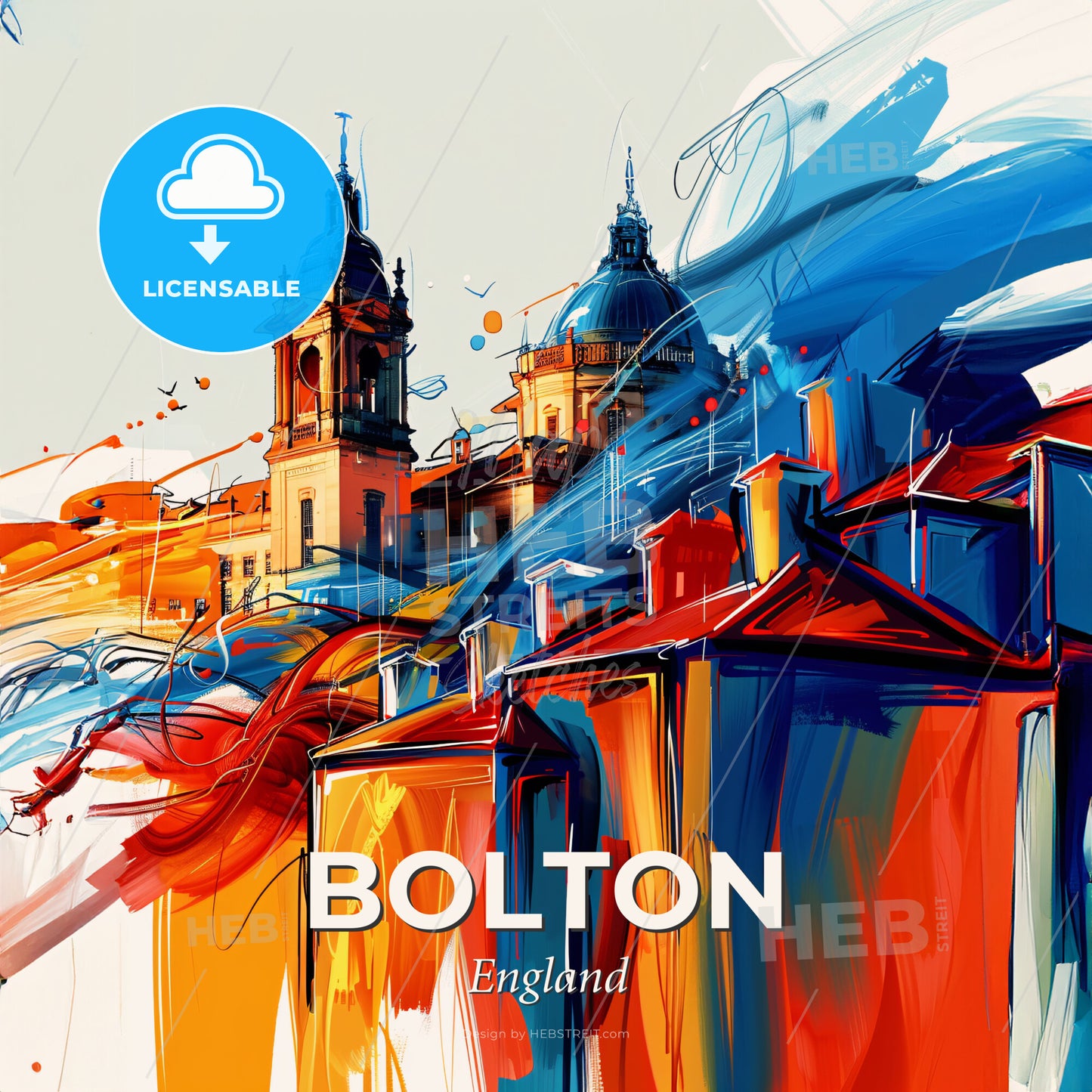 Vibrant Bolton, England - A Painting Of A Building With A Colorful Background - Square format print template
