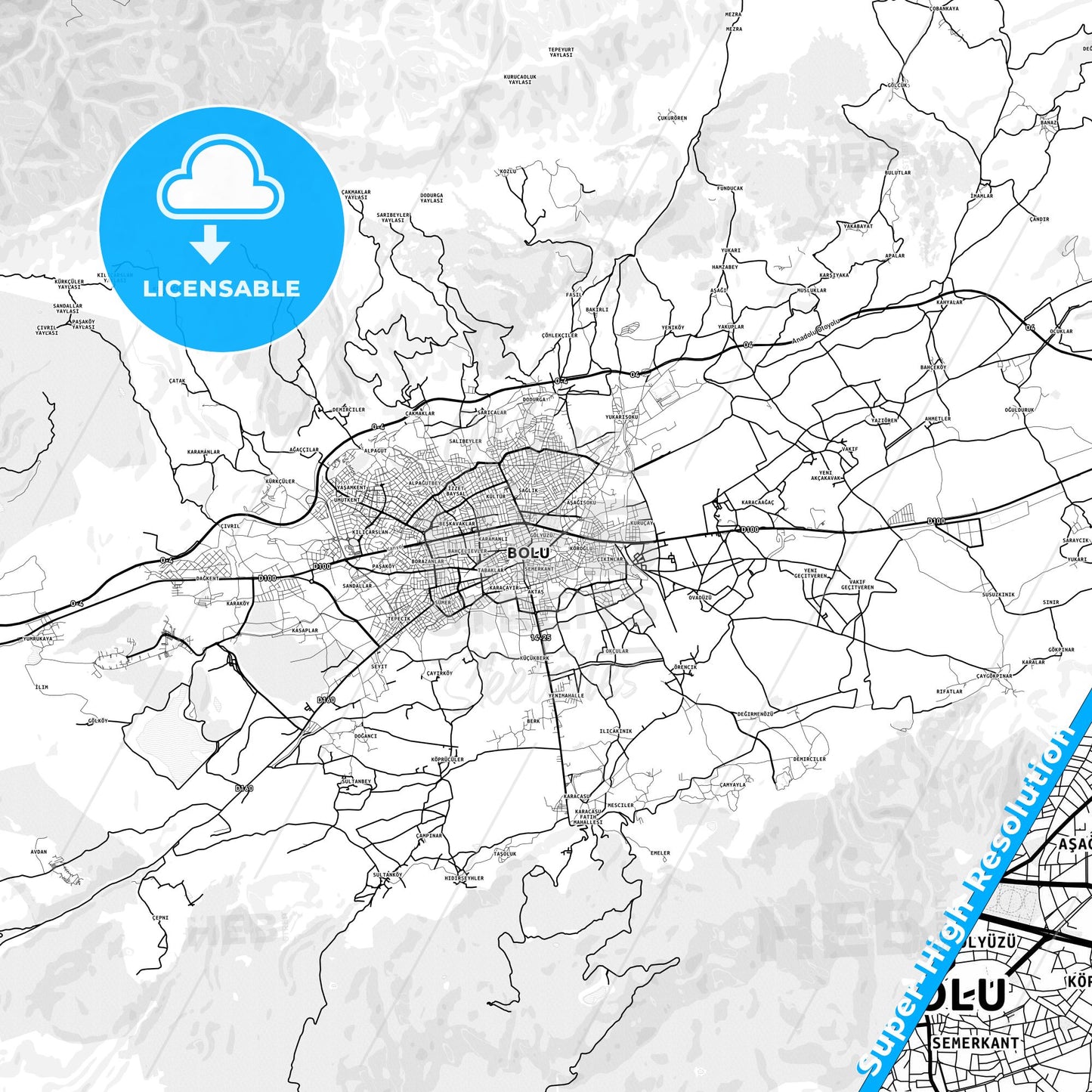 Bolu, Turkey light map with streetnames, citynames and districts