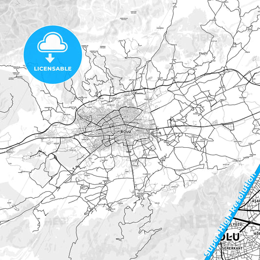 Bolu, Turkey light map with streetnames, citynames and districts