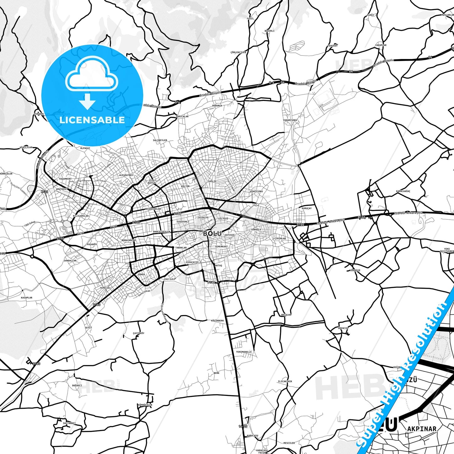 Bolu, Turkey Light Map with Street Names, City Names, and Districts