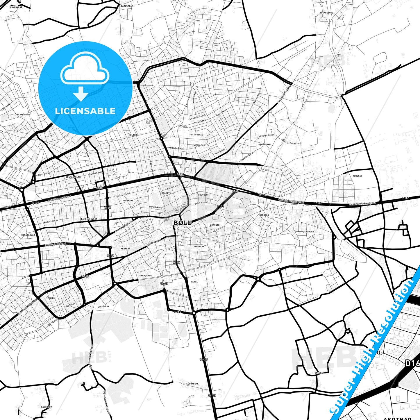 Bolu, Turkey Light Map with Street Names, City Names, and Districts