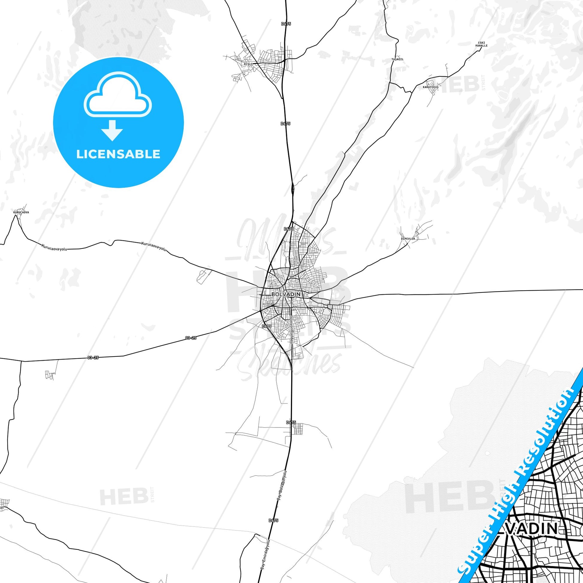 Bolvadin, Turkey light map with streetnames, citynames and districts