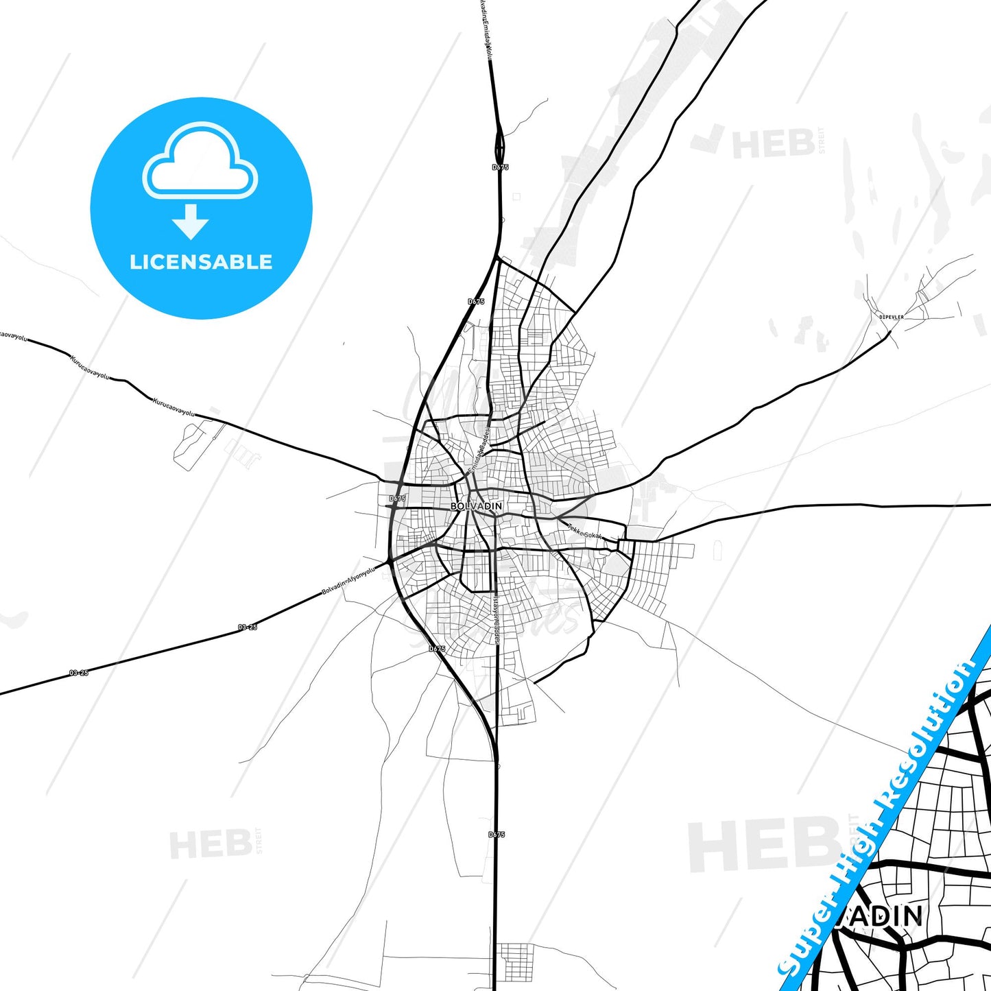 Bolvadin, Turkey Light Map with Street Names, City Names, and Districts