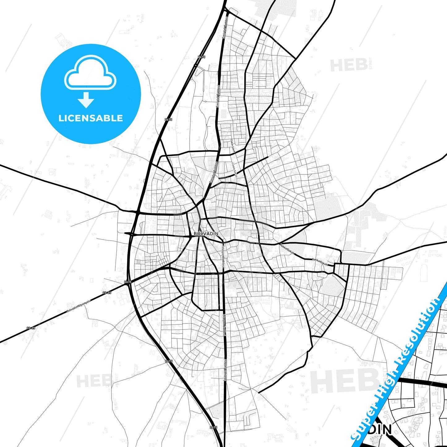 Bolvadin, Turkey Light Map with Street Names, City Names, and Districts