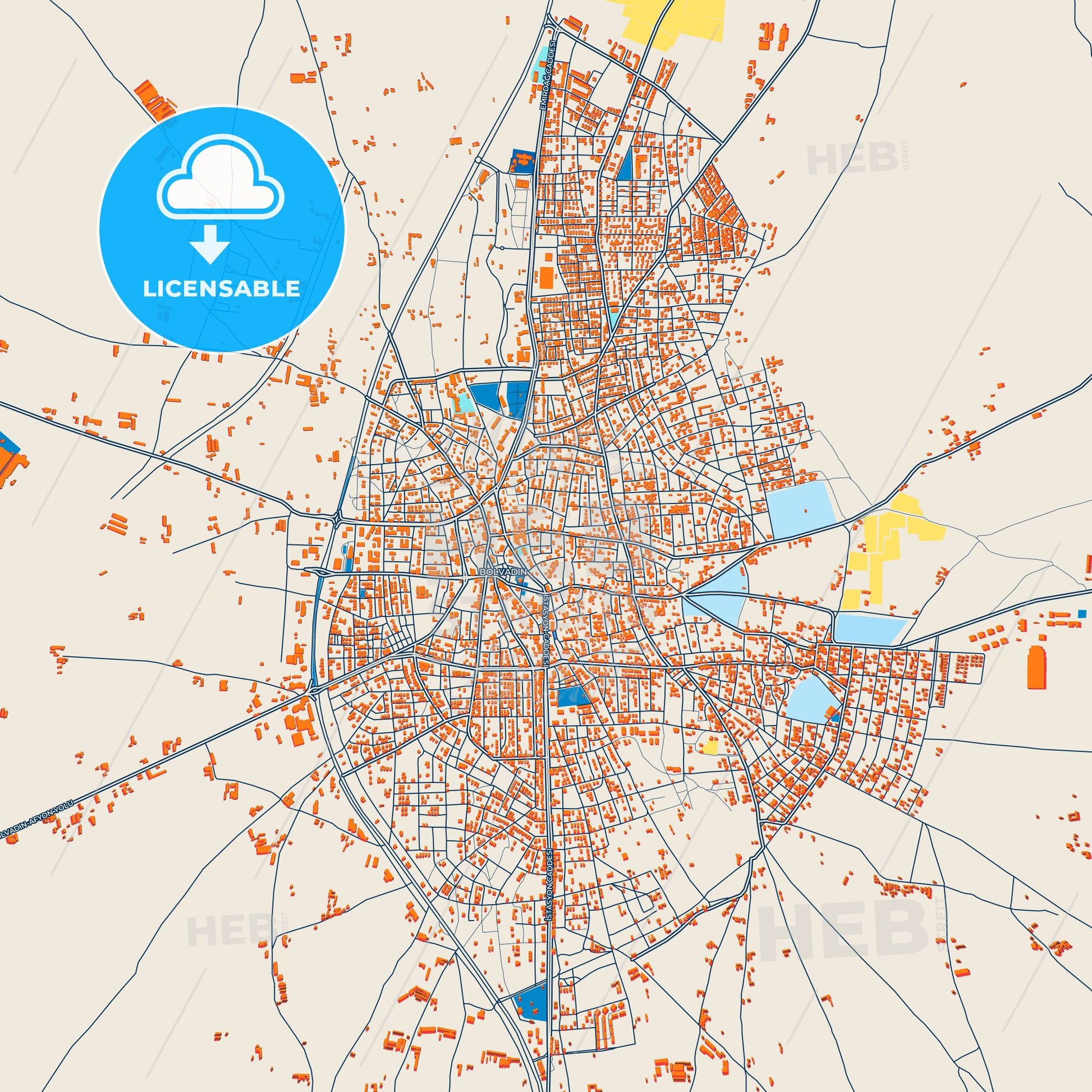 Colorful Bolvadin Street Map with Labels and Buildings