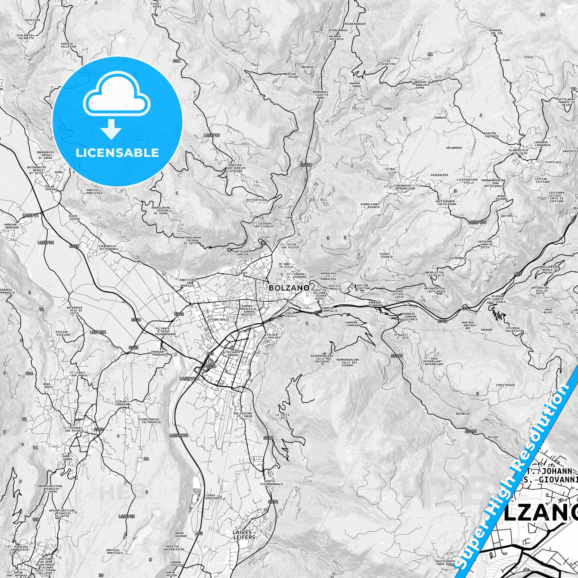Bolzano, Italy light map with streetnames, citynames and districts