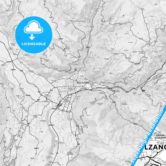 Bolzano, Italy light map with streetnames, citynames and districts