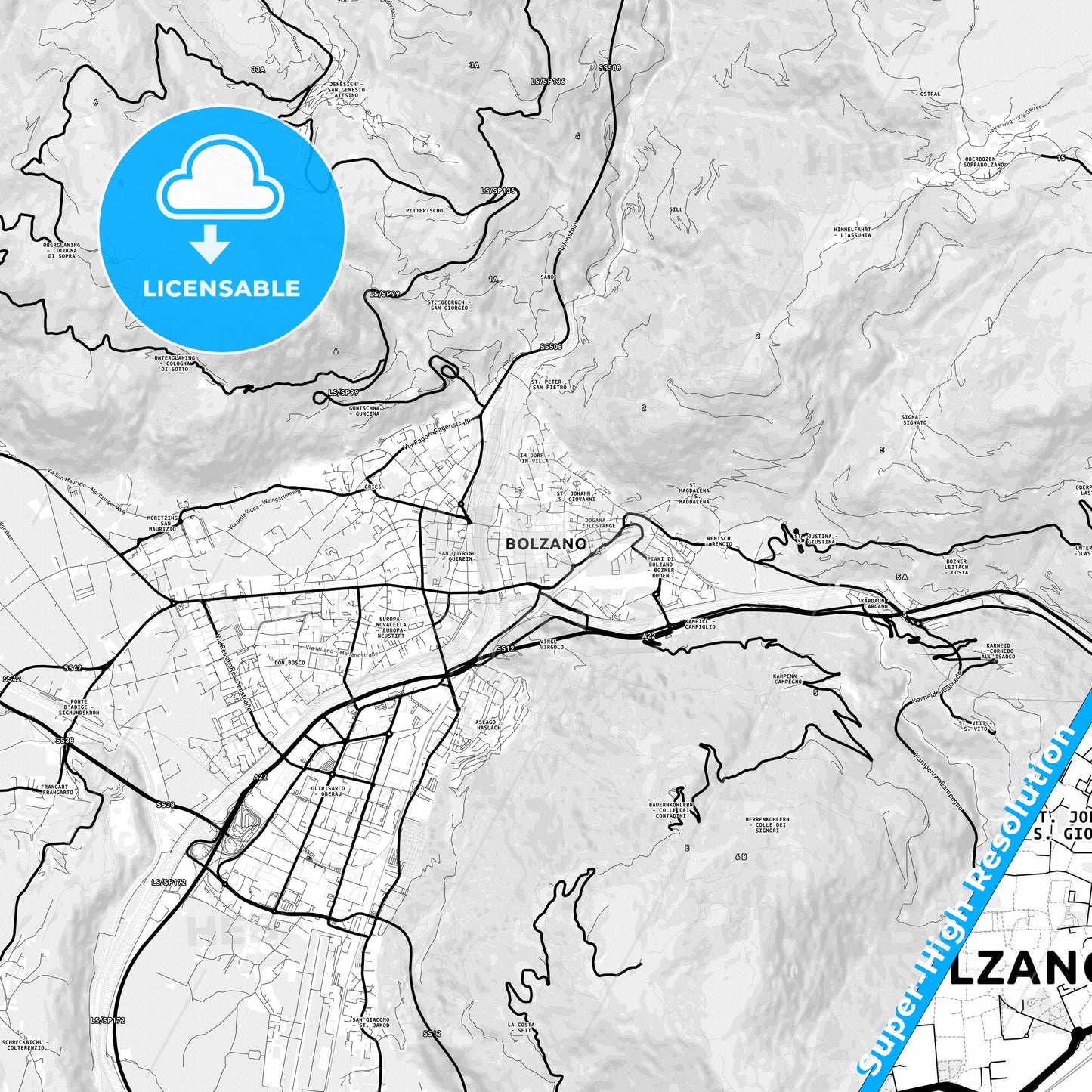 Bolzano, Italy Light Map with Street Names, City Names, and Districts