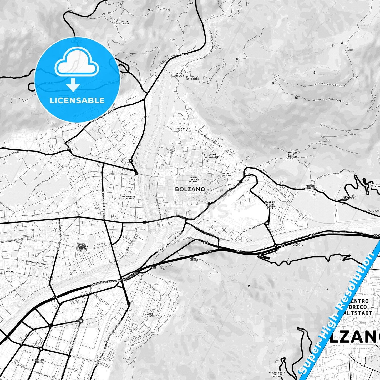 Bolzano, Italy Light Map with Street Names, City Names, and Districts