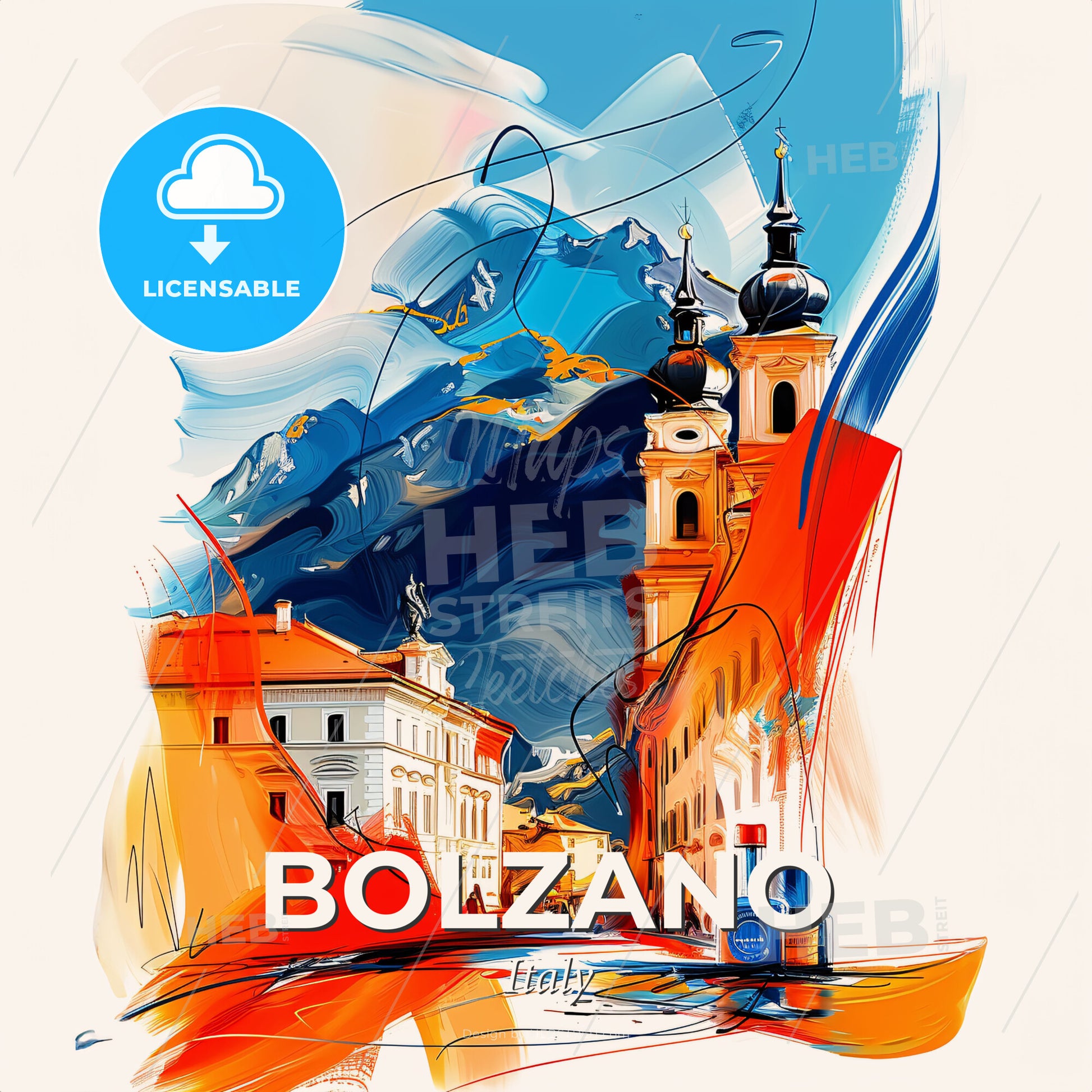 Vibrant Bolzano, Italy - A Painting Of A Street With Buildings And A Mountain In The Background - Square format print template
