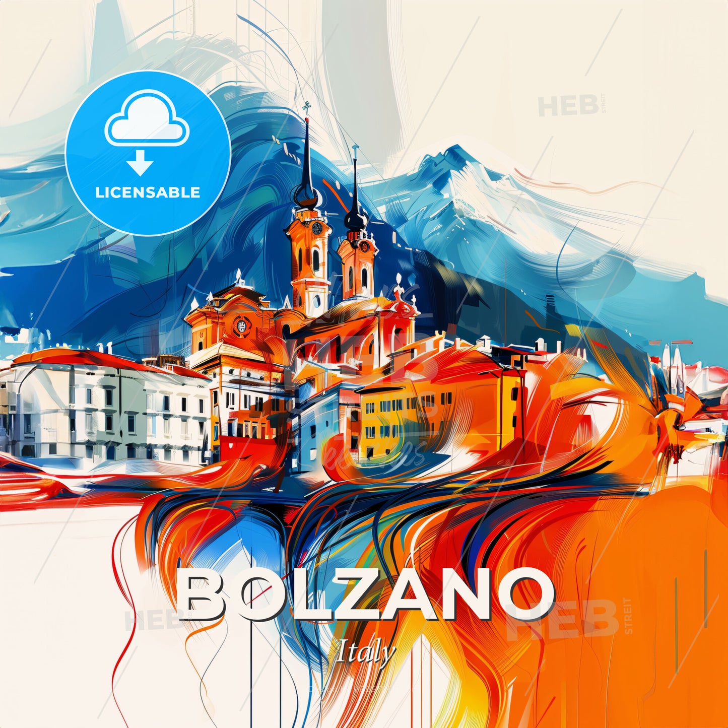 Vibrant Bolzano, Italy - A Painting Of A Town With A Mountain In The Background - Square format print template