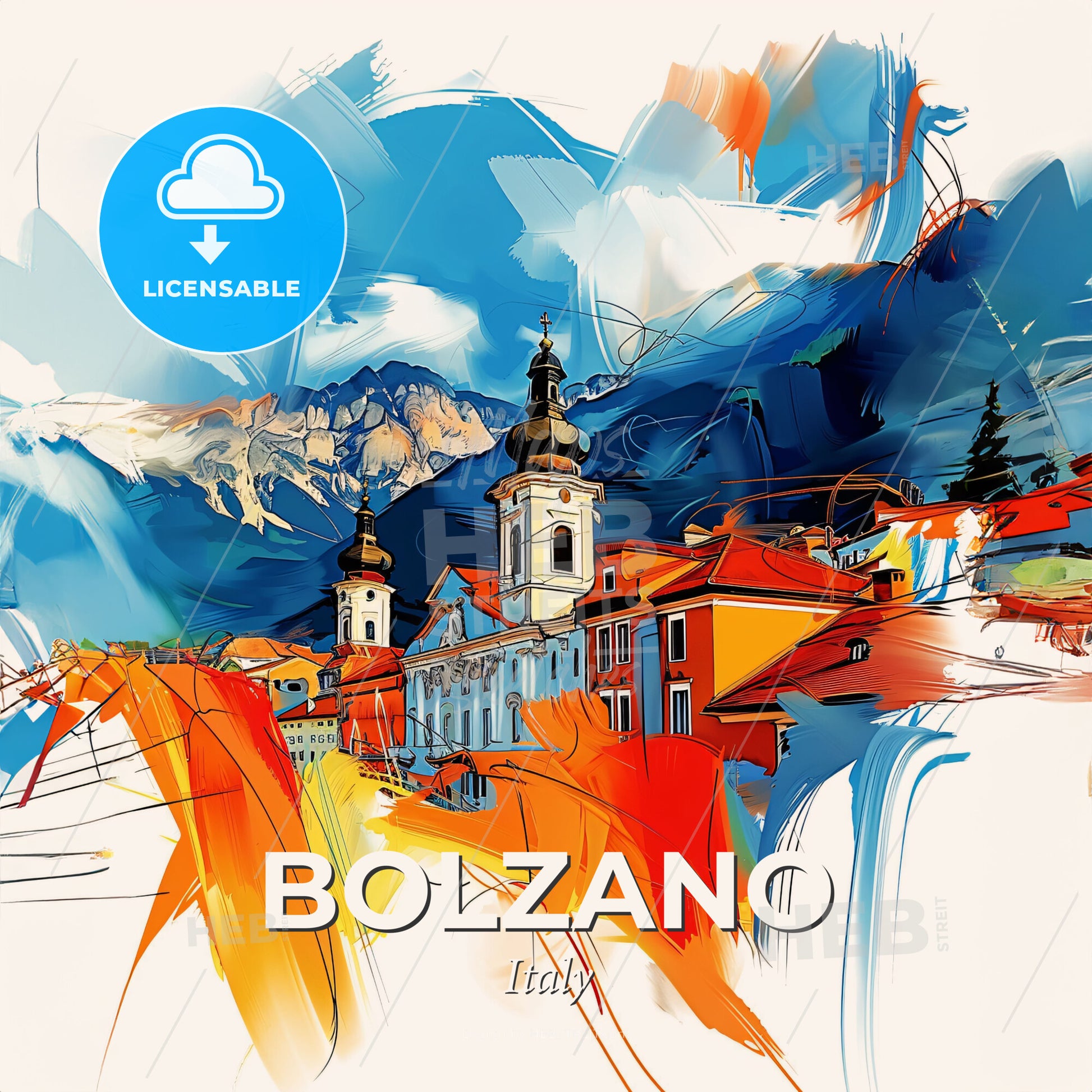Vibrant Bolzano, Italy - A Painting Of A Building With A Steeple And Mountains In The Background - Square format print template