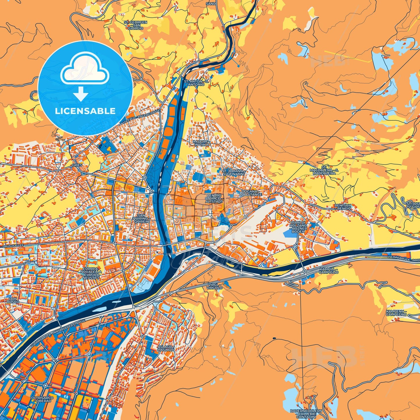 Colorful Bolzano Street Map with Labels and Buildings
