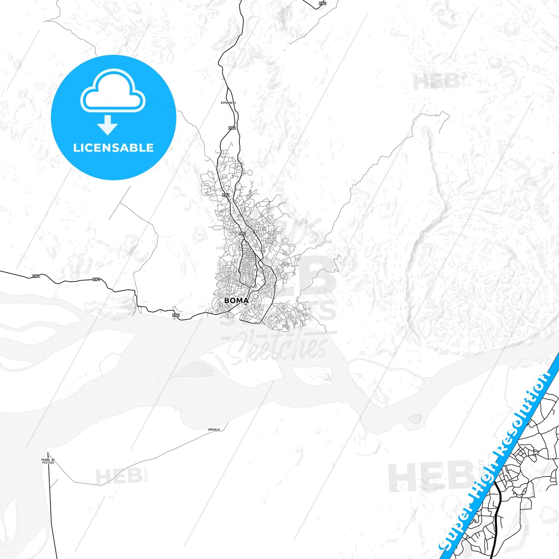 Boma, DR Congo light map with streetnames, citynames and districts
