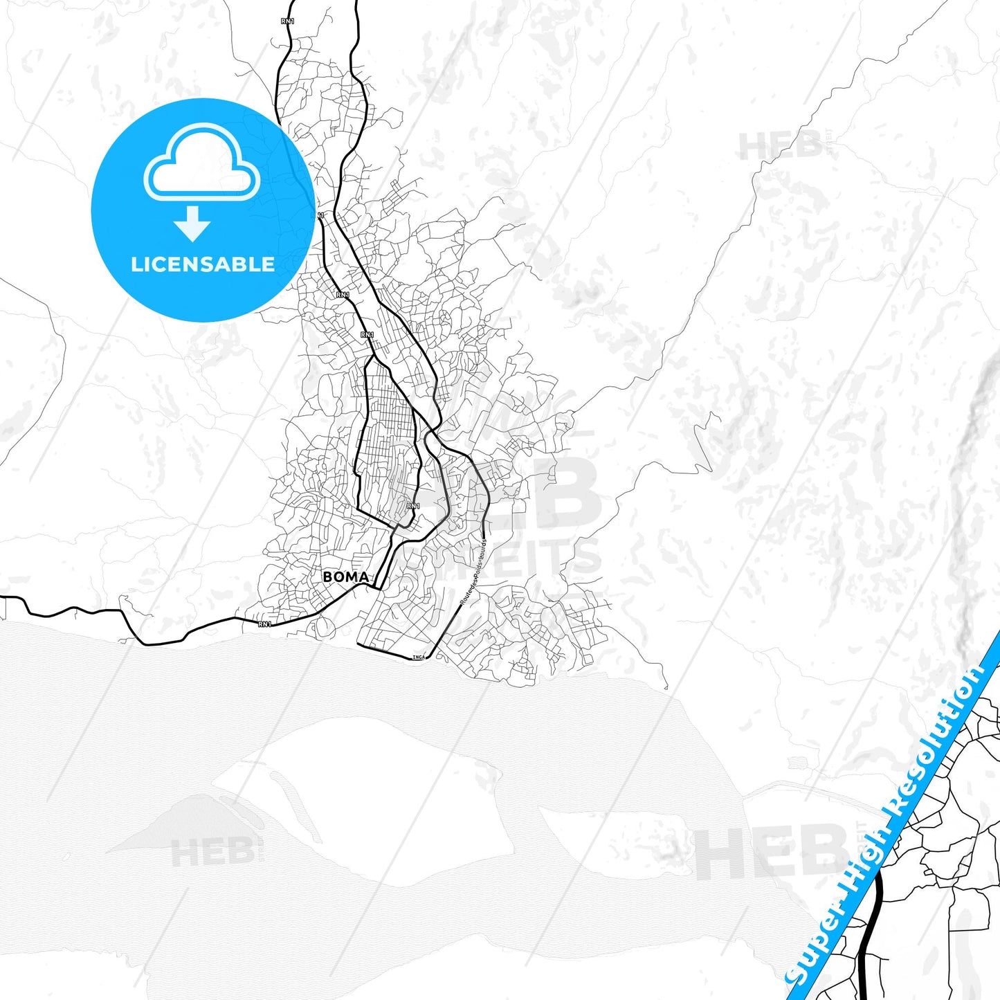 Boma, DR Congo Light Map with Street Names, City Names, and Districts