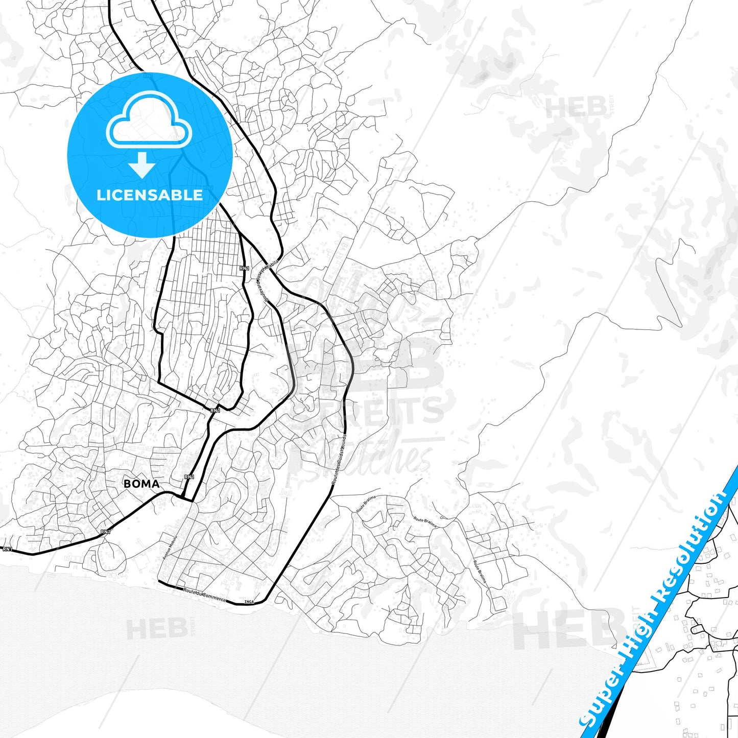 Boma, DR Congo Light Map with Street Names, City Names, and Districts