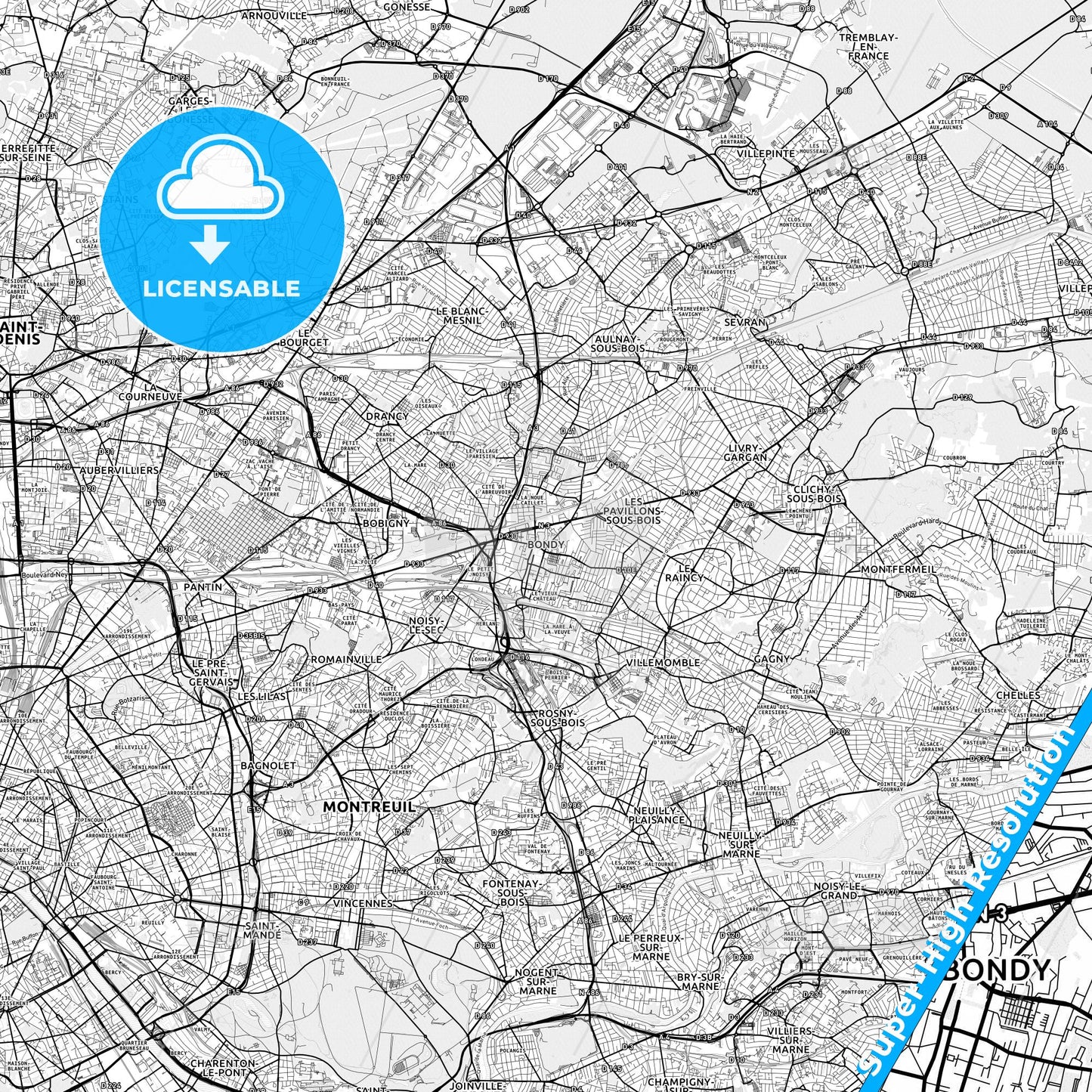 Bondy, France light map with streetnames, citynames and districts