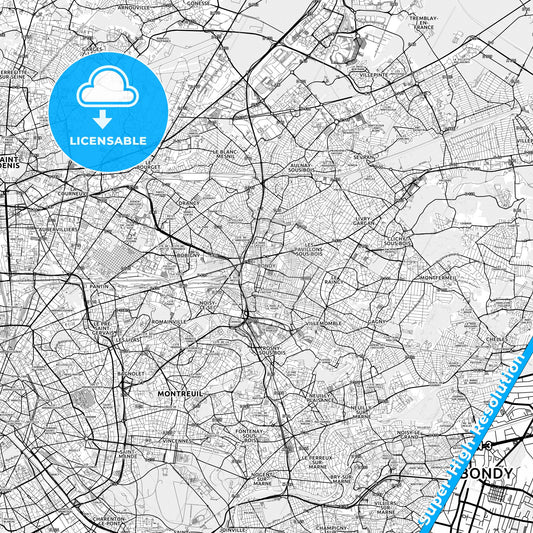 Bondy, France light map with streetnames, citynames and districts