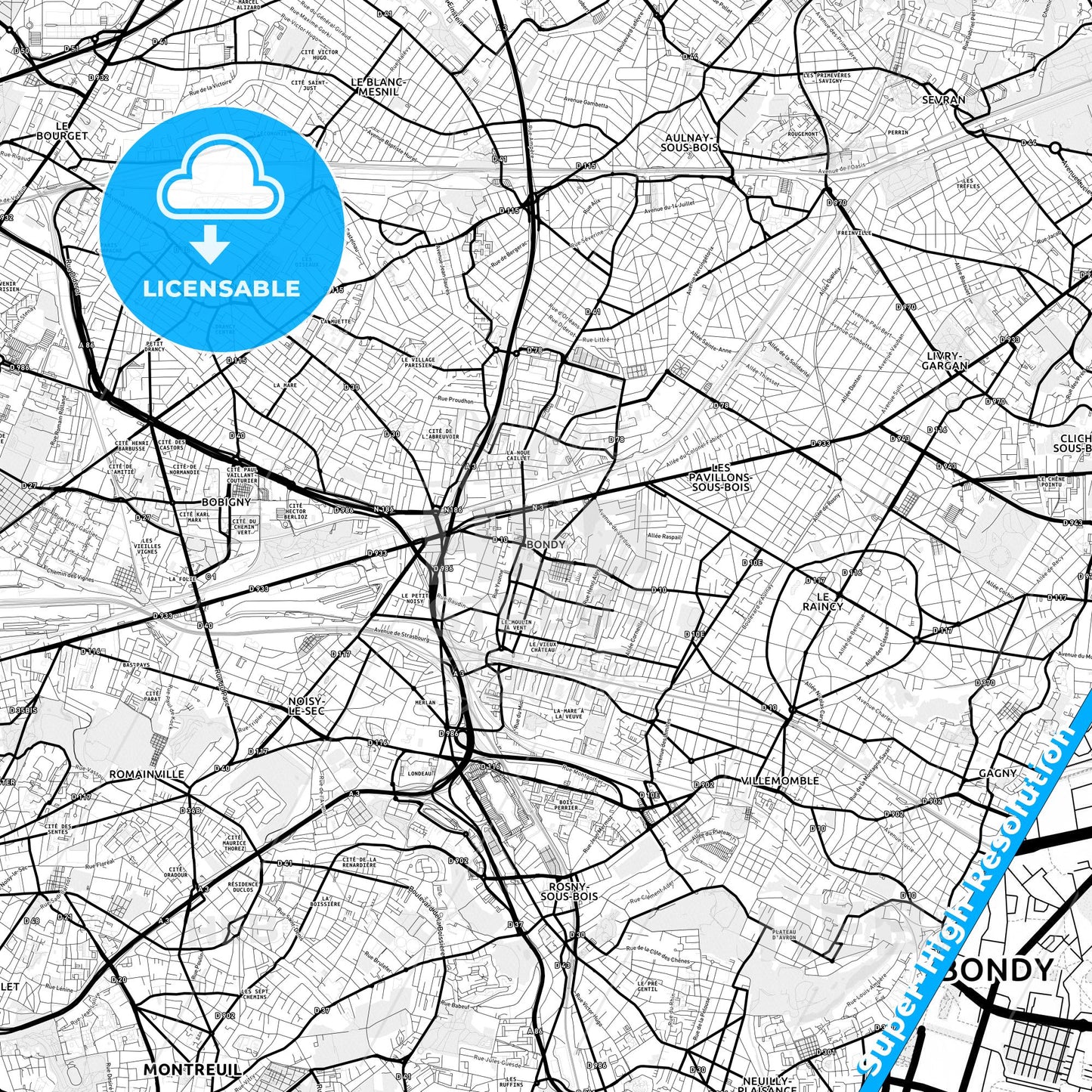 Bondy, France Light Map with Street Names, City Names, and Districts