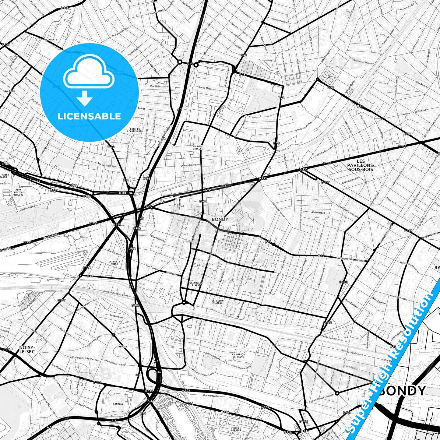 Bondy, France Light Map with Street Names, City Names, and Districts