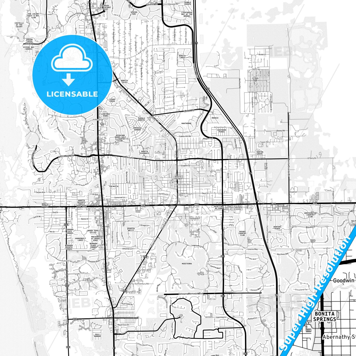Bonita Springs, Florida Light Map with Street Names, City Names, and Districts