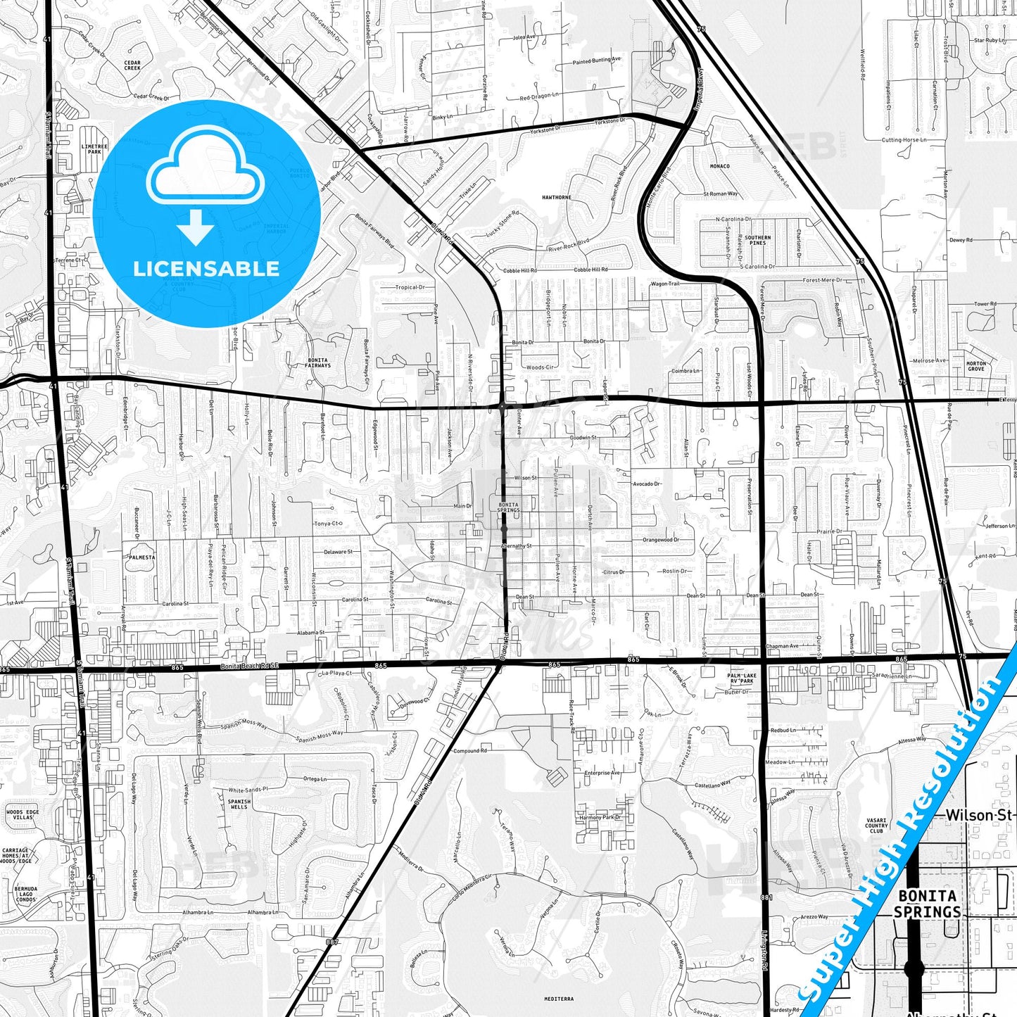 Bonita Springs, Florida Light Map with Street Names, City Names, and Districts