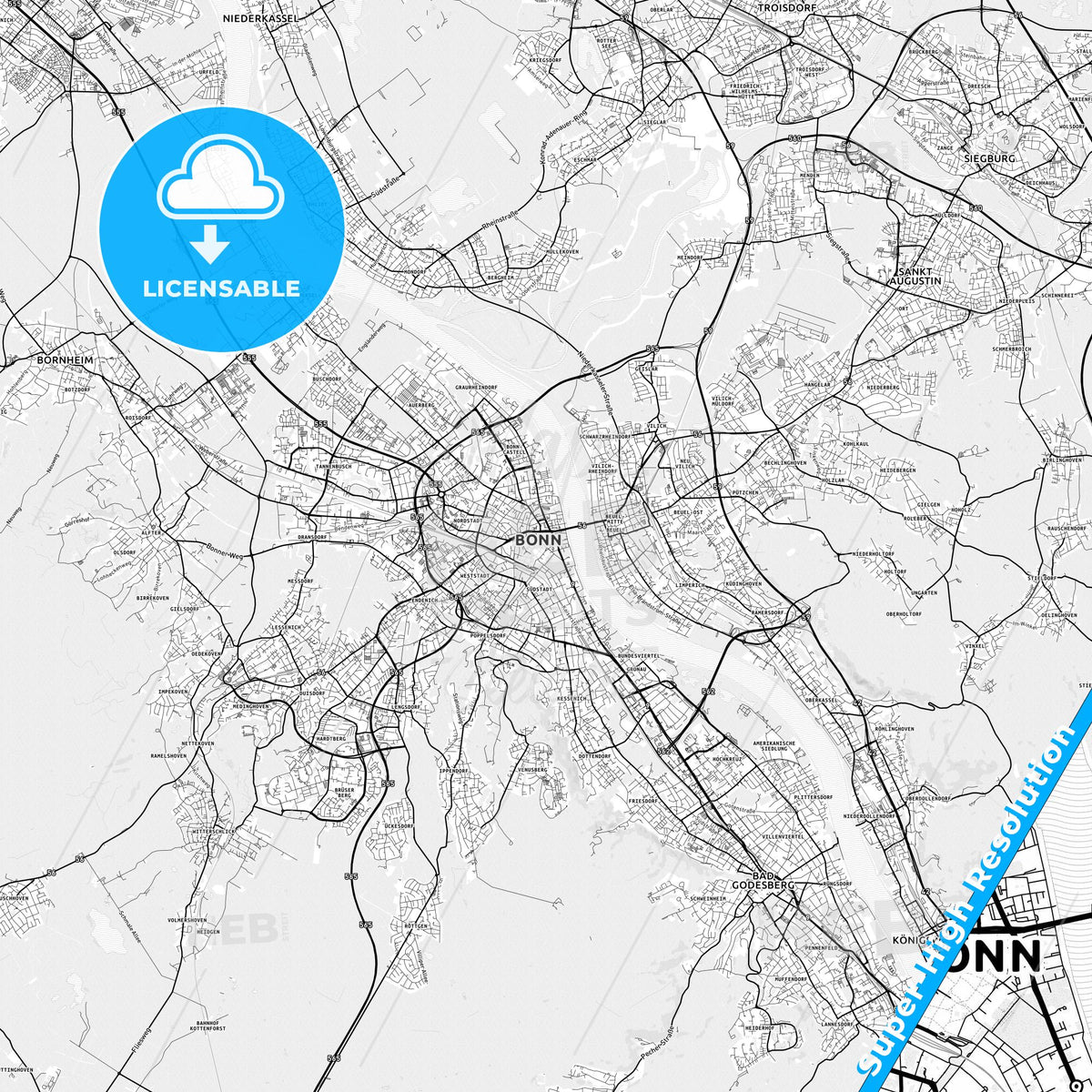 Bonn, Germany light map with streetnames, citynames and districts