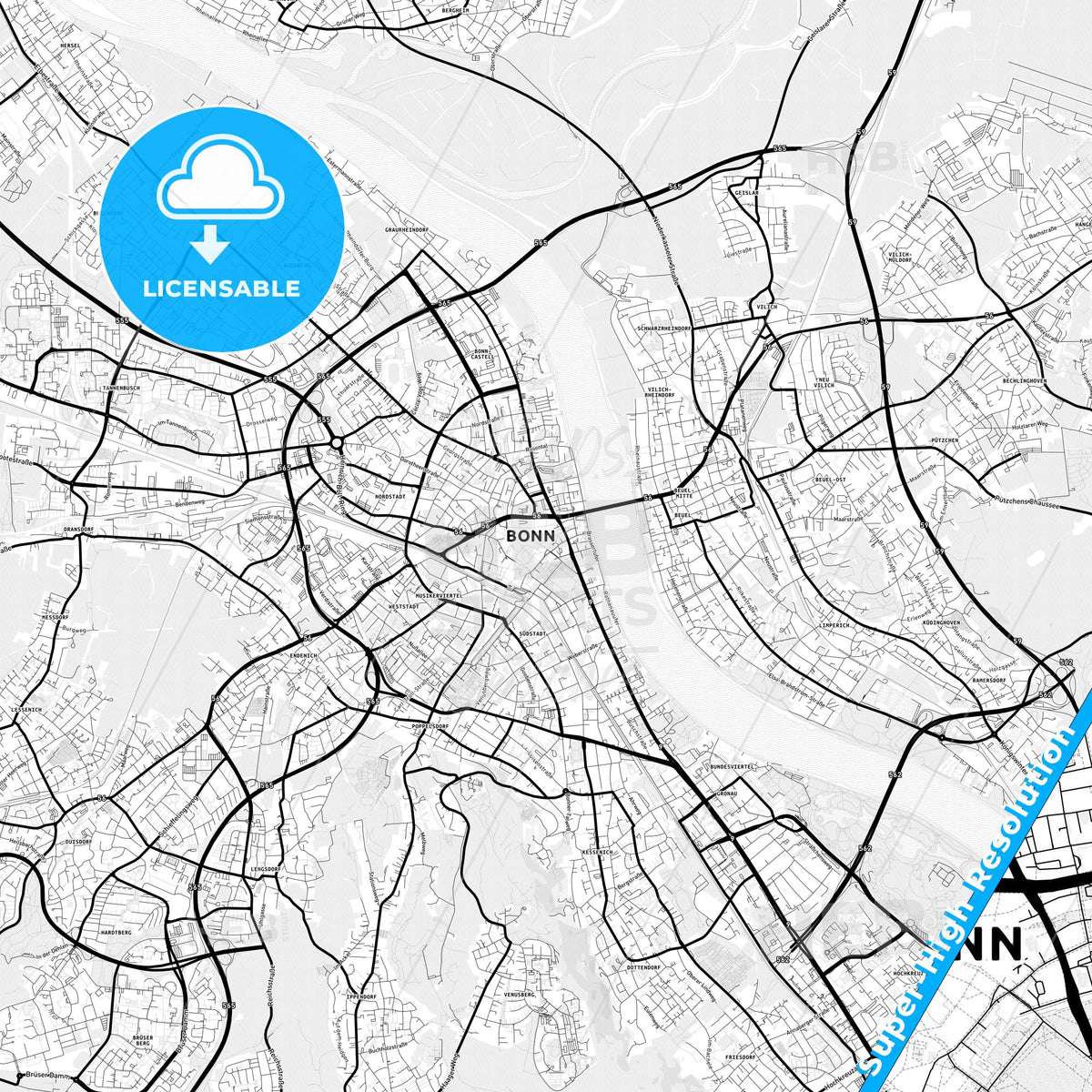 Bonn, Germany Light Map with Street Names, City Names, and Districts
