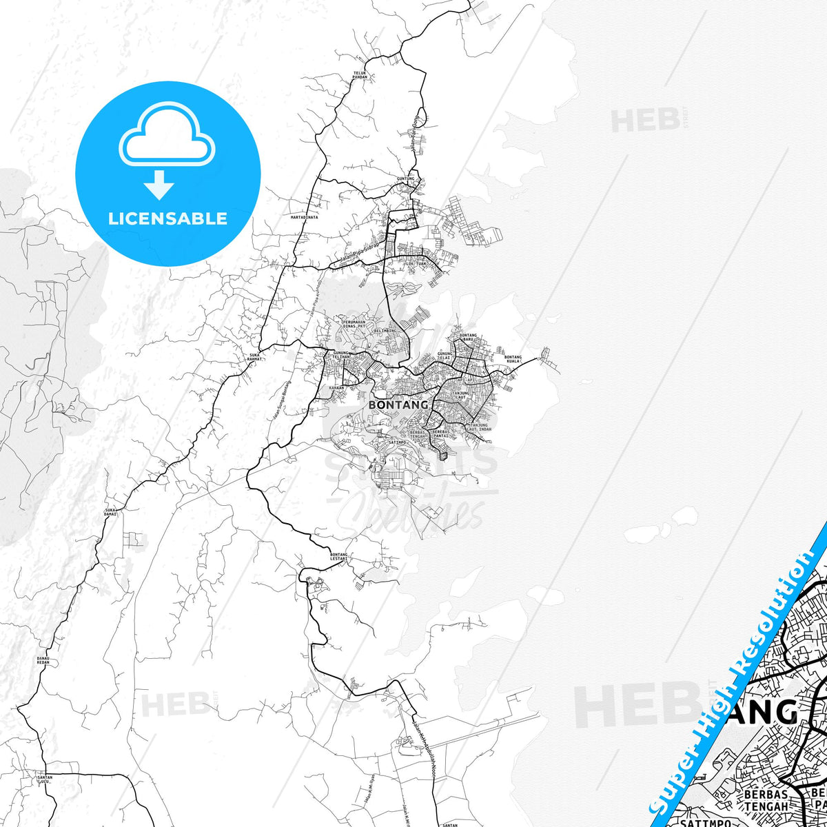 Bontang, Indonesia light map with streetnames, citynames and districts