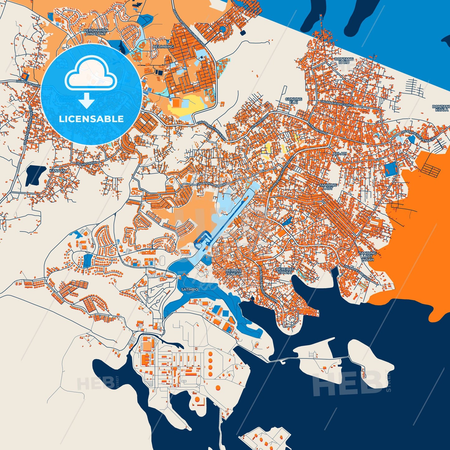 Colorful Bontang Street Map with Labels and Buildings