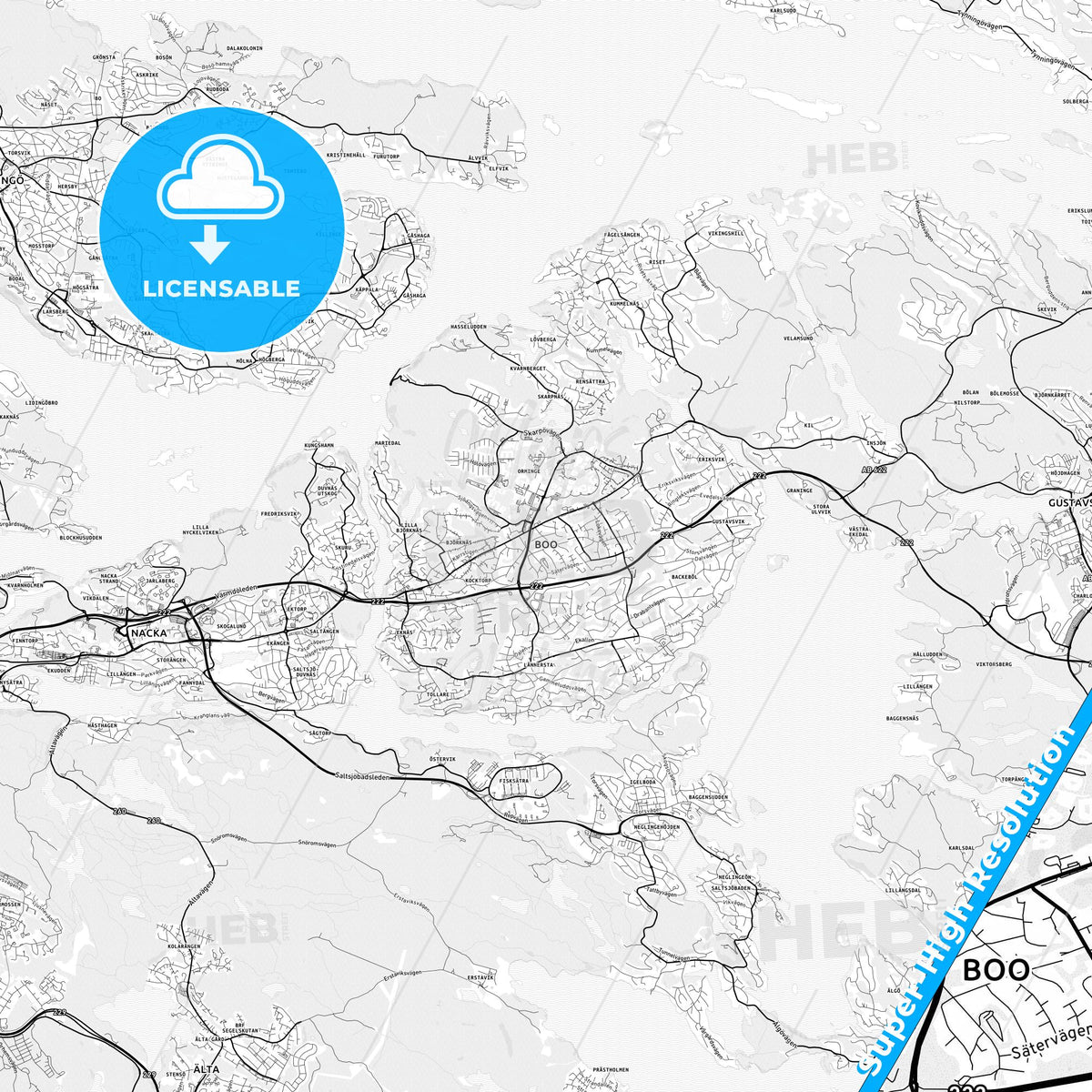 Boo, Sweden light map with streetnames, citynames and districts