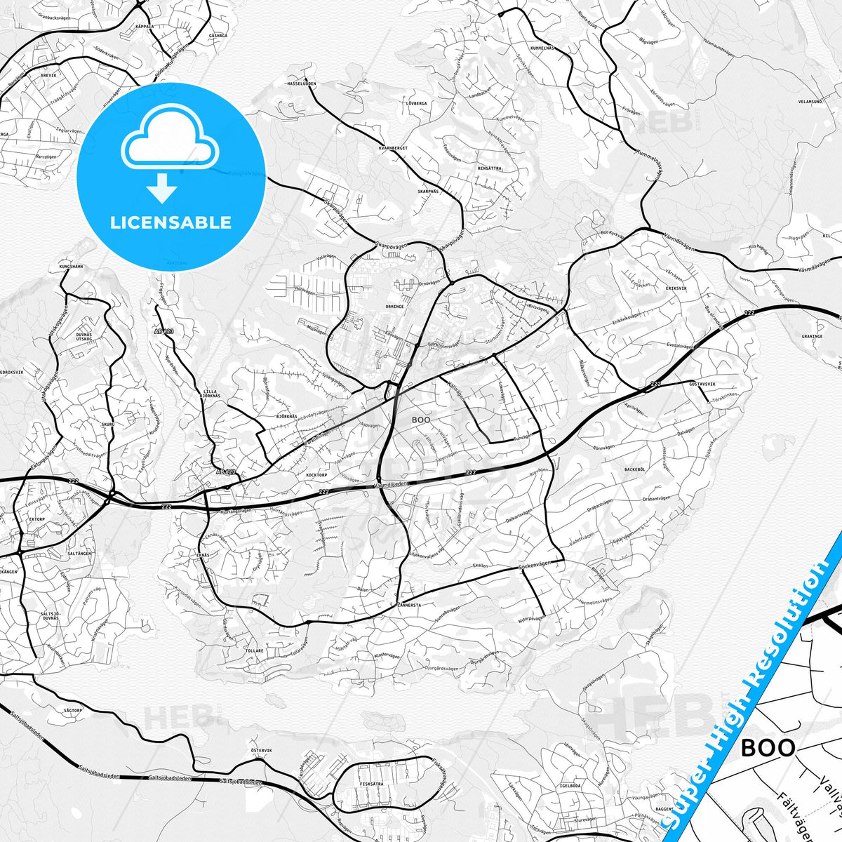 Boo, Sweden Light Map with Street Names, City Names, and Districts