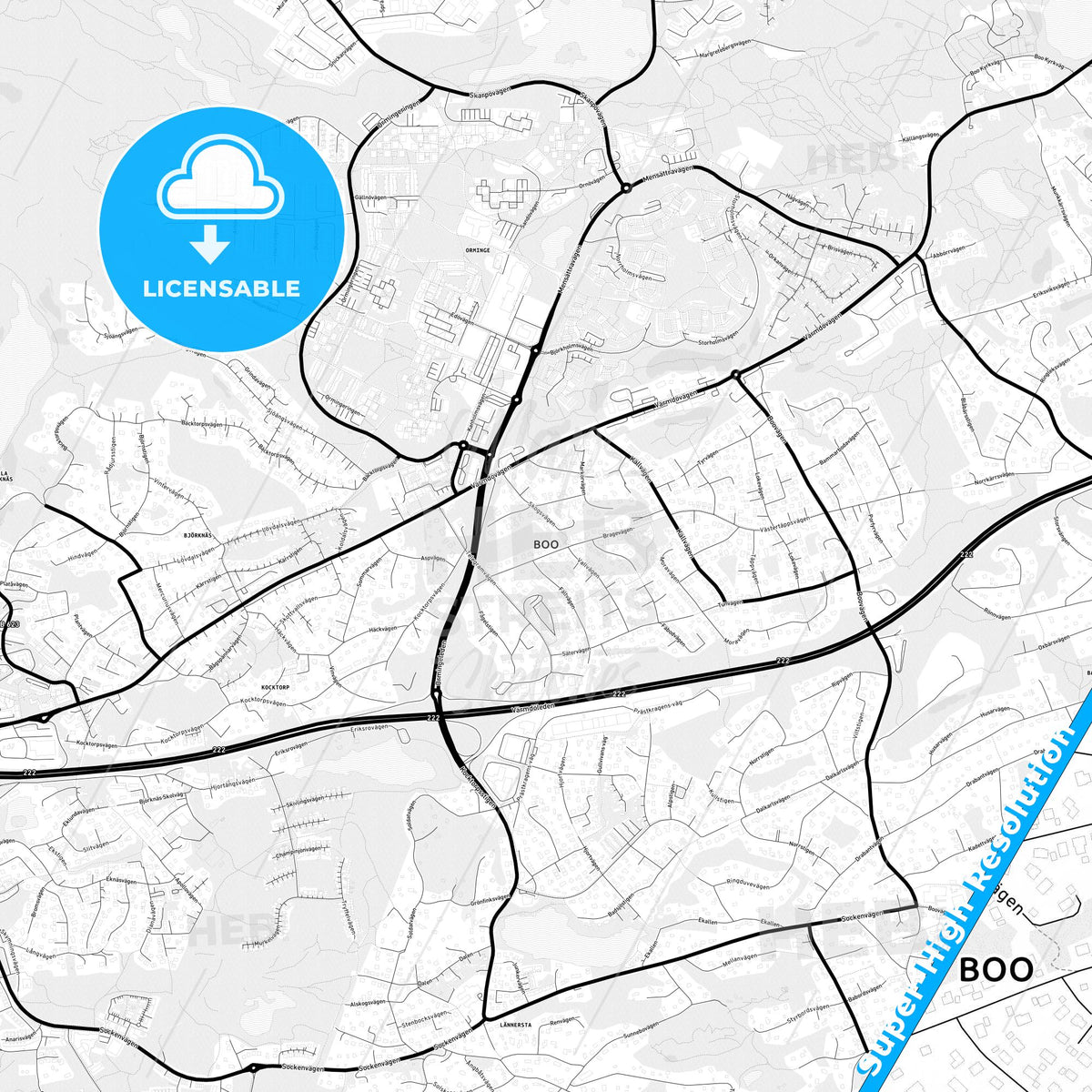 Boo, Sweden Light Map with Street Names, City Names, and Districts