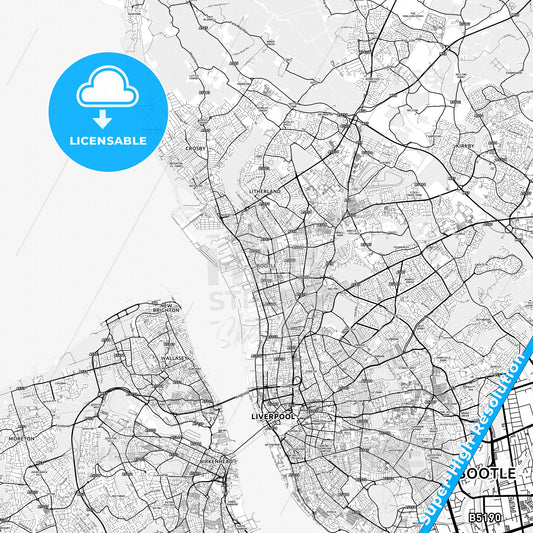 Bootle, England light map with streetnames, citynames and districts