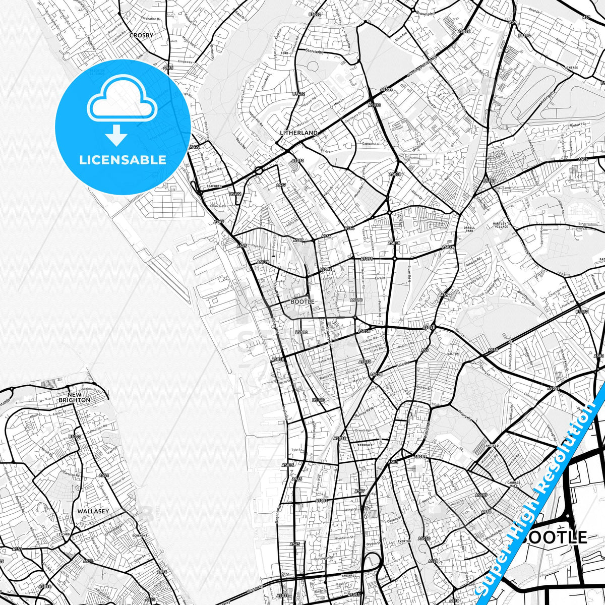 Bootle, England Light Map with Street Names, City Names, and Districts