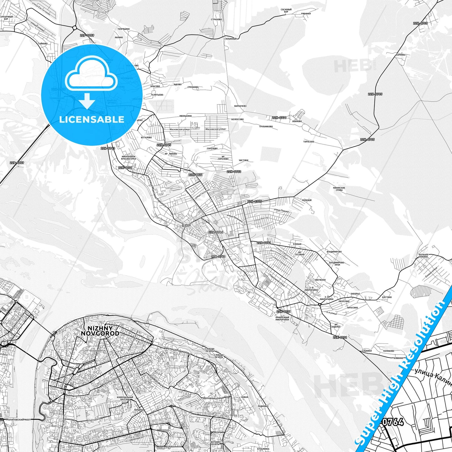 Bor, Russia light map with streetnames, citynames and districts
