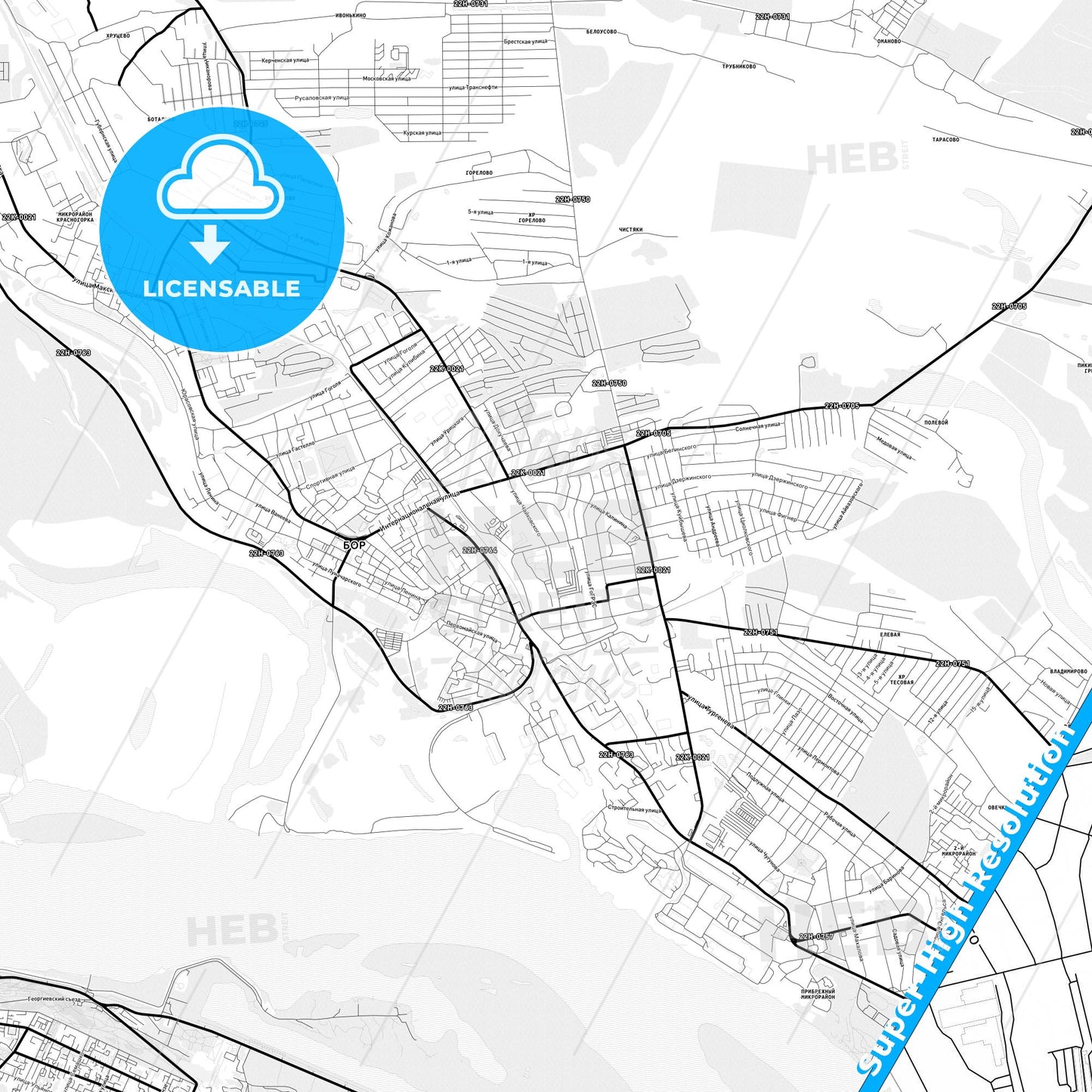 Bor, Russia Light Map with Street Names, City Names, and Districts
