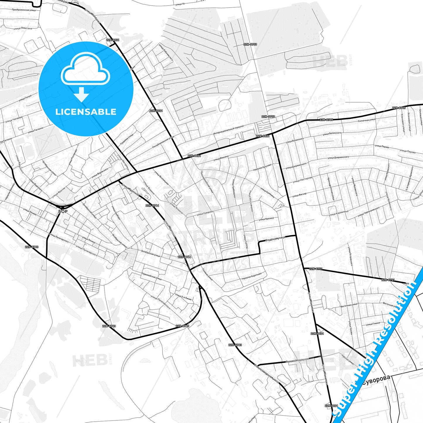 Bor, Russia Light Map with Street Names, City Names, and Districts