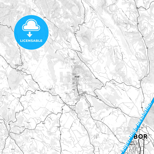 Bor, Serbia light map with streetnames, citynames and districts