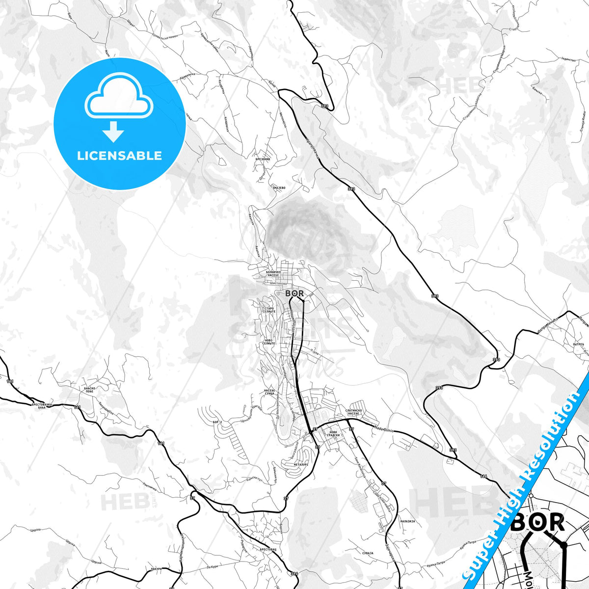Bor, Serbia Light Map with Street Names, City Names, and Districts