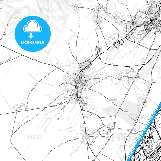 Bor, Turkey light map with streetnames, citynames and districts
