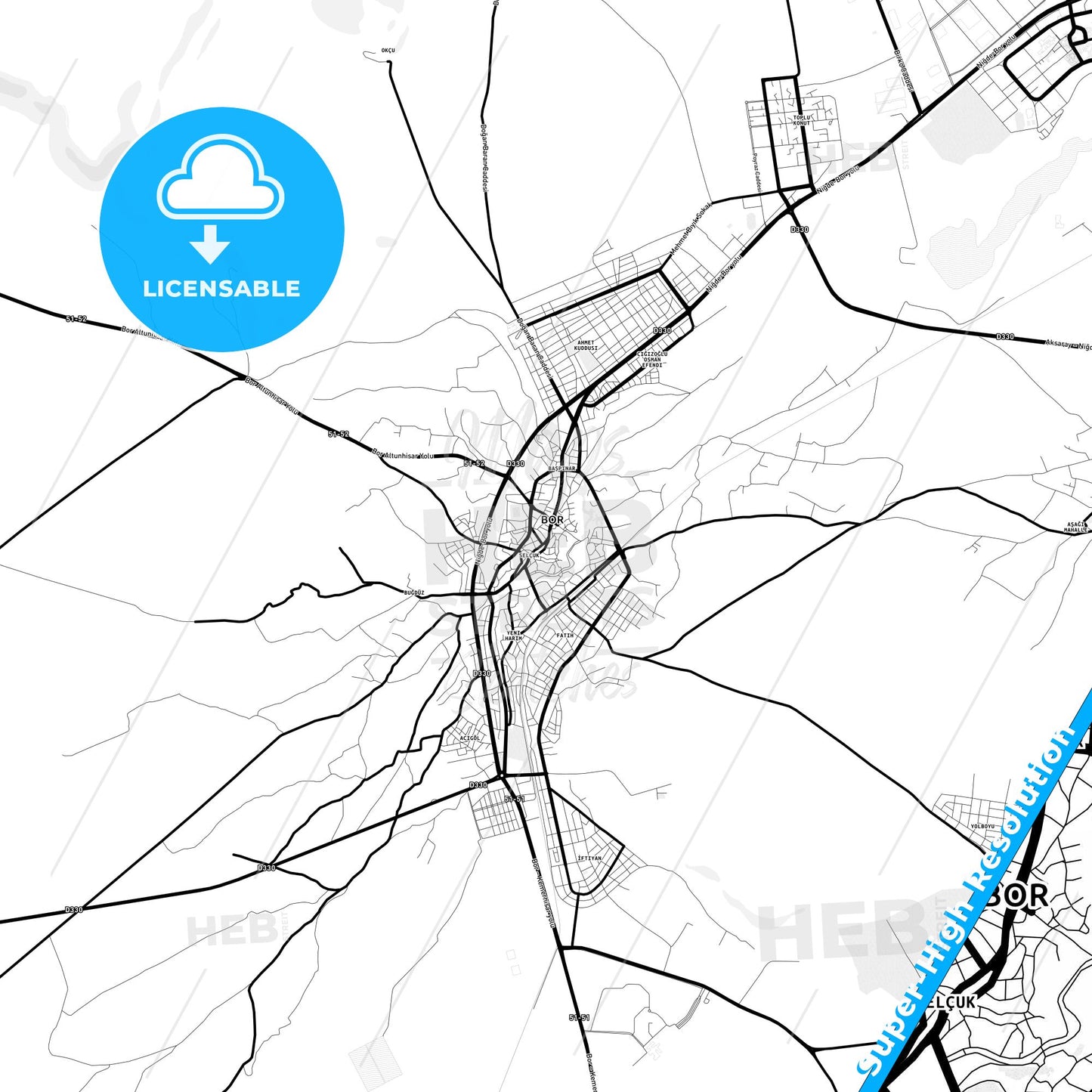 Bor, Turkey Light Map with Street Names, City Names, and Districts