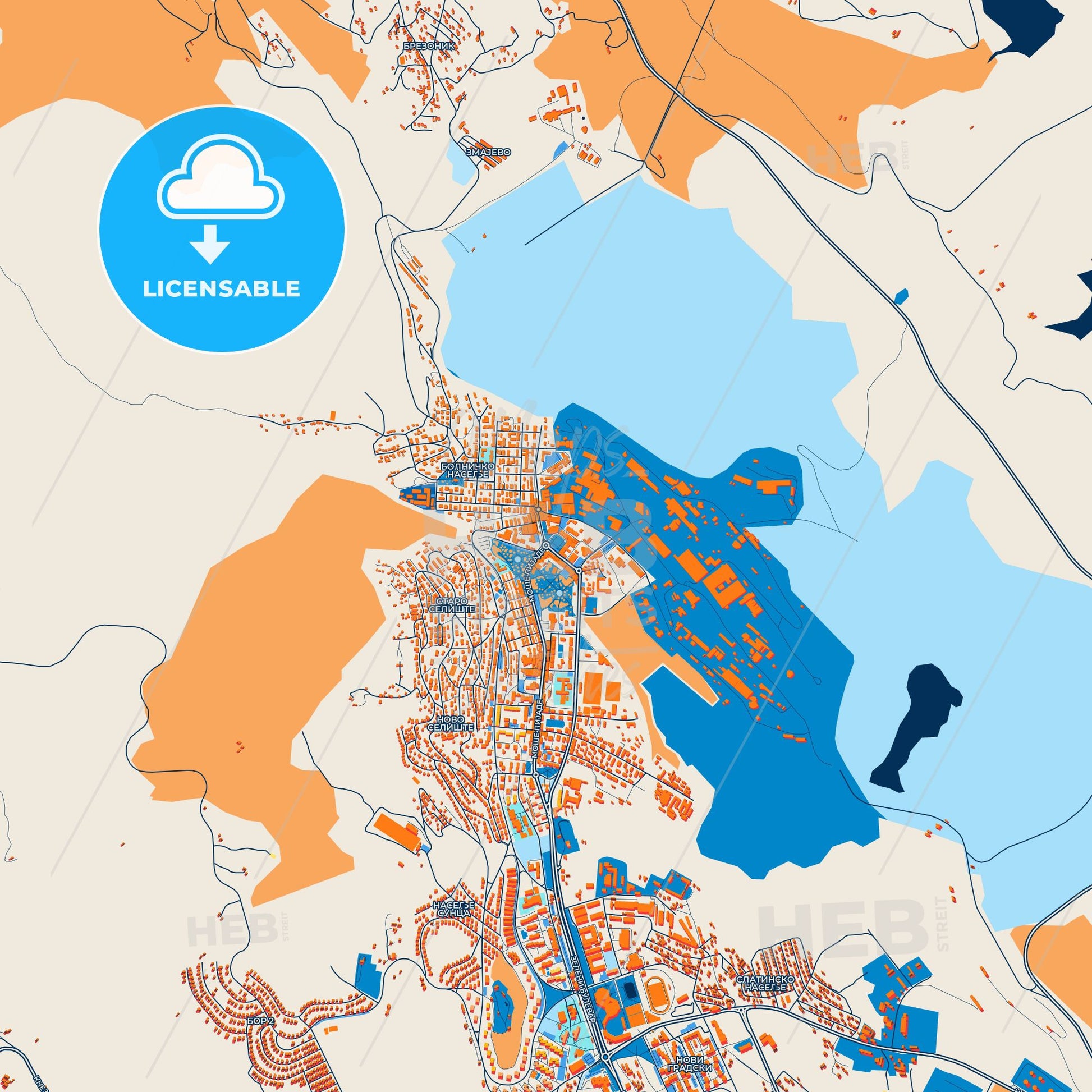 Colorful Bor Street Map with Labels and Buildings