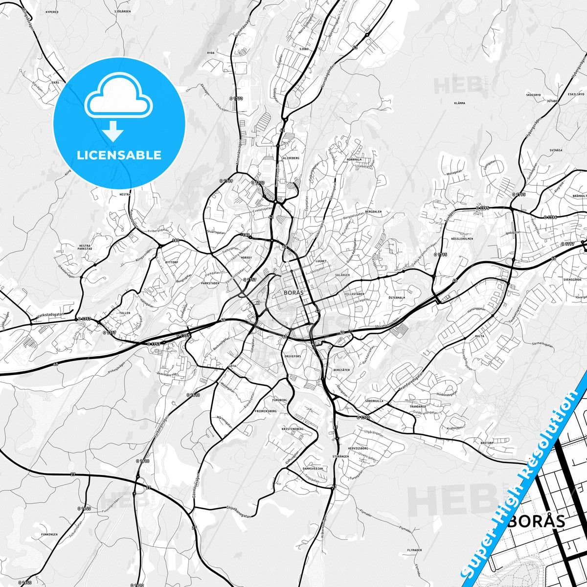 Borås, Sweden Light Map with Street Names, City Names, and Districts