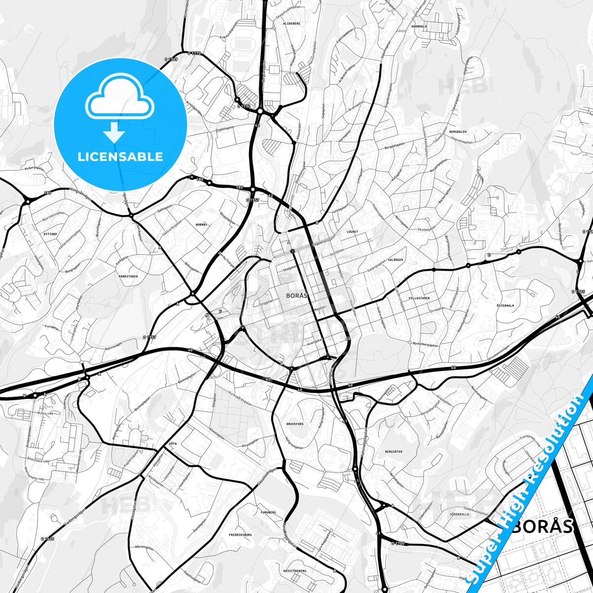 Borås, Sweden Light Map with Street Names, City Names, and Districts