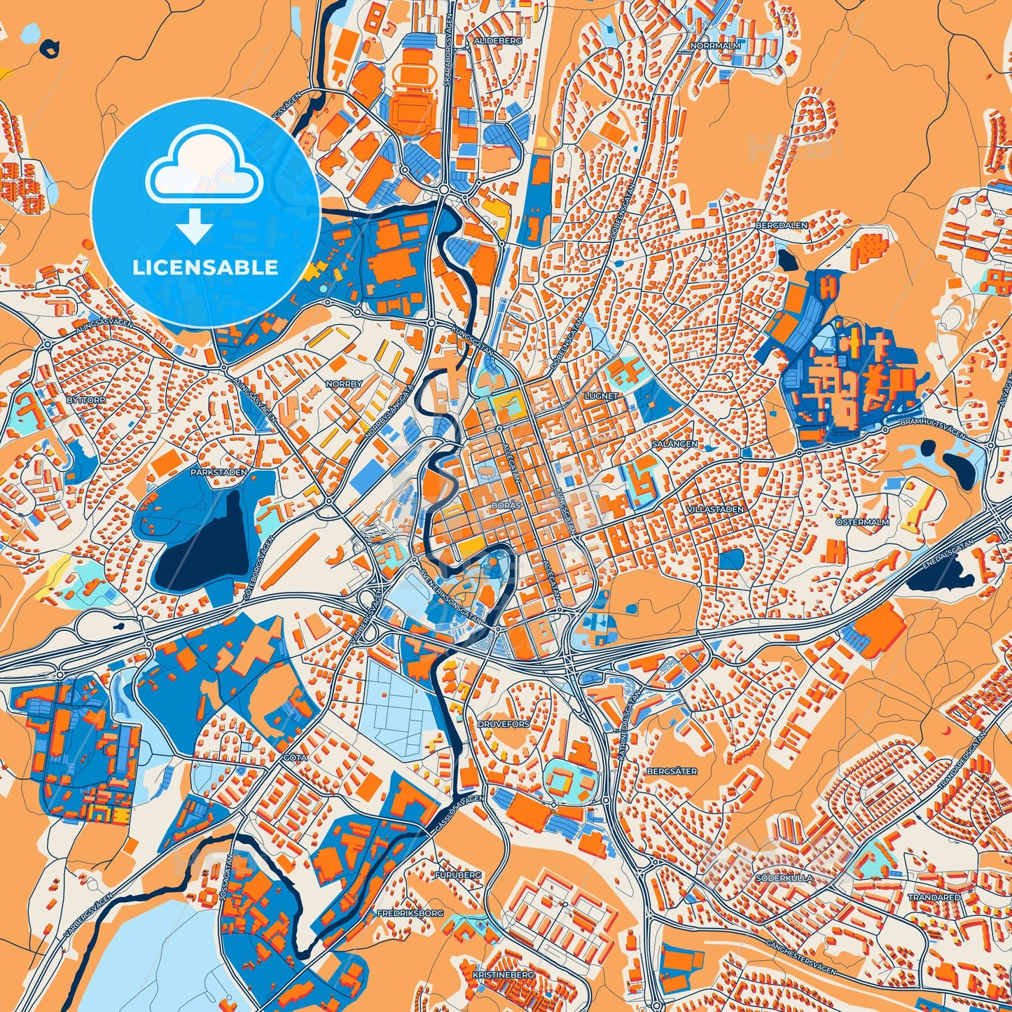 Colorful Borås Street Map with Labels and Buildings