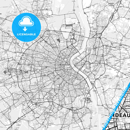 Bordeaux, France light map with streetnames, citynames and districts