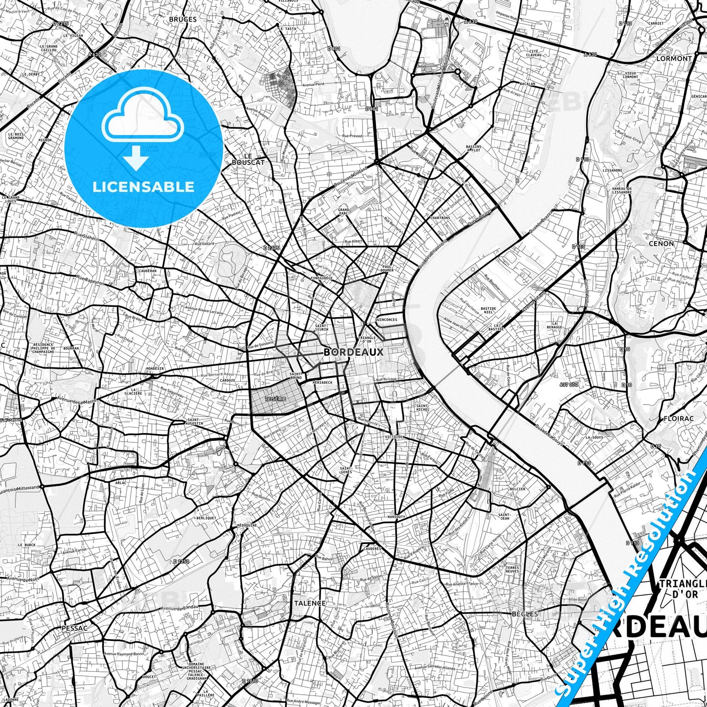 Bordeaux, France Light Map with Street Names, City Names, and Districts
