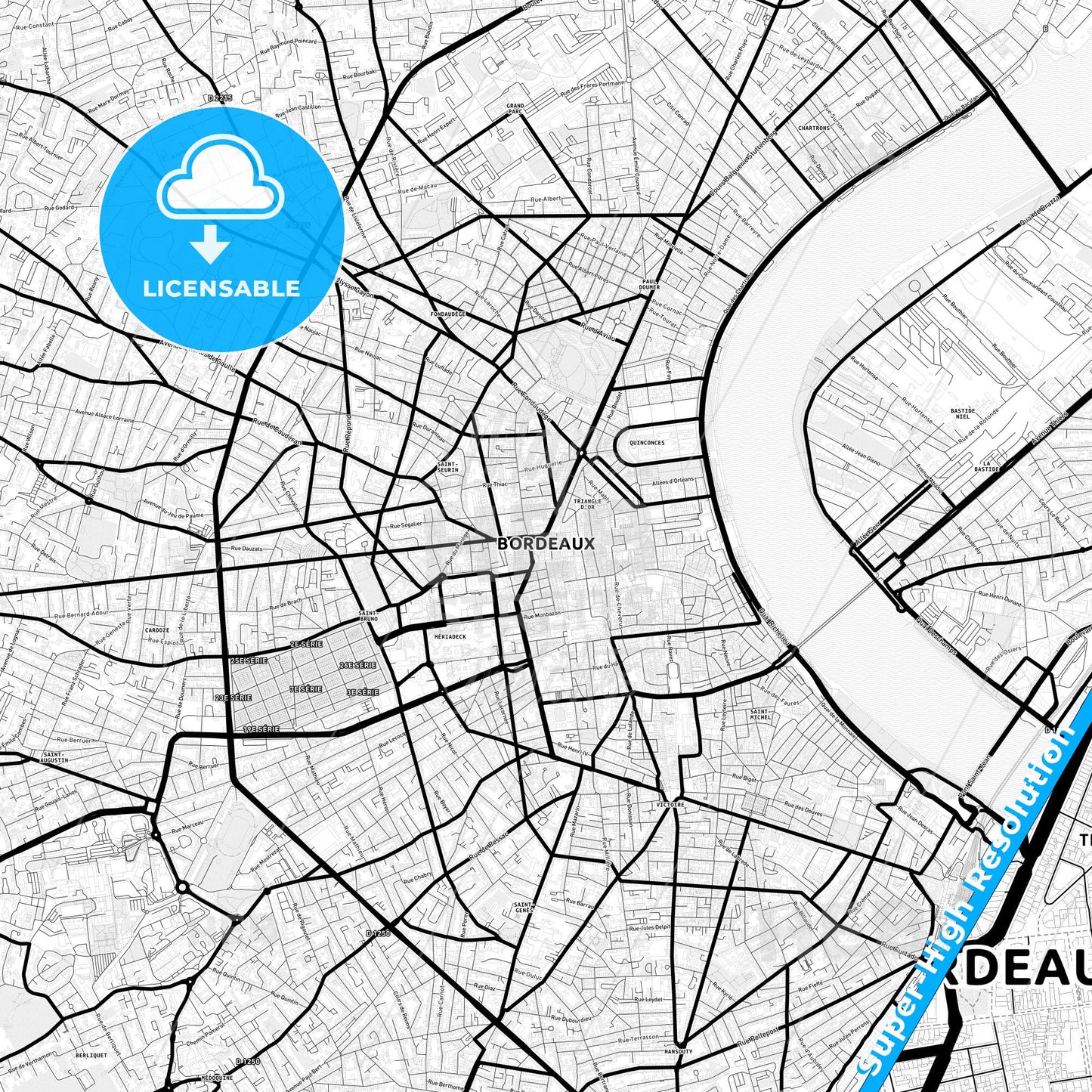 Bordeaux, France Light Map with Street Names, City Names, and Districts